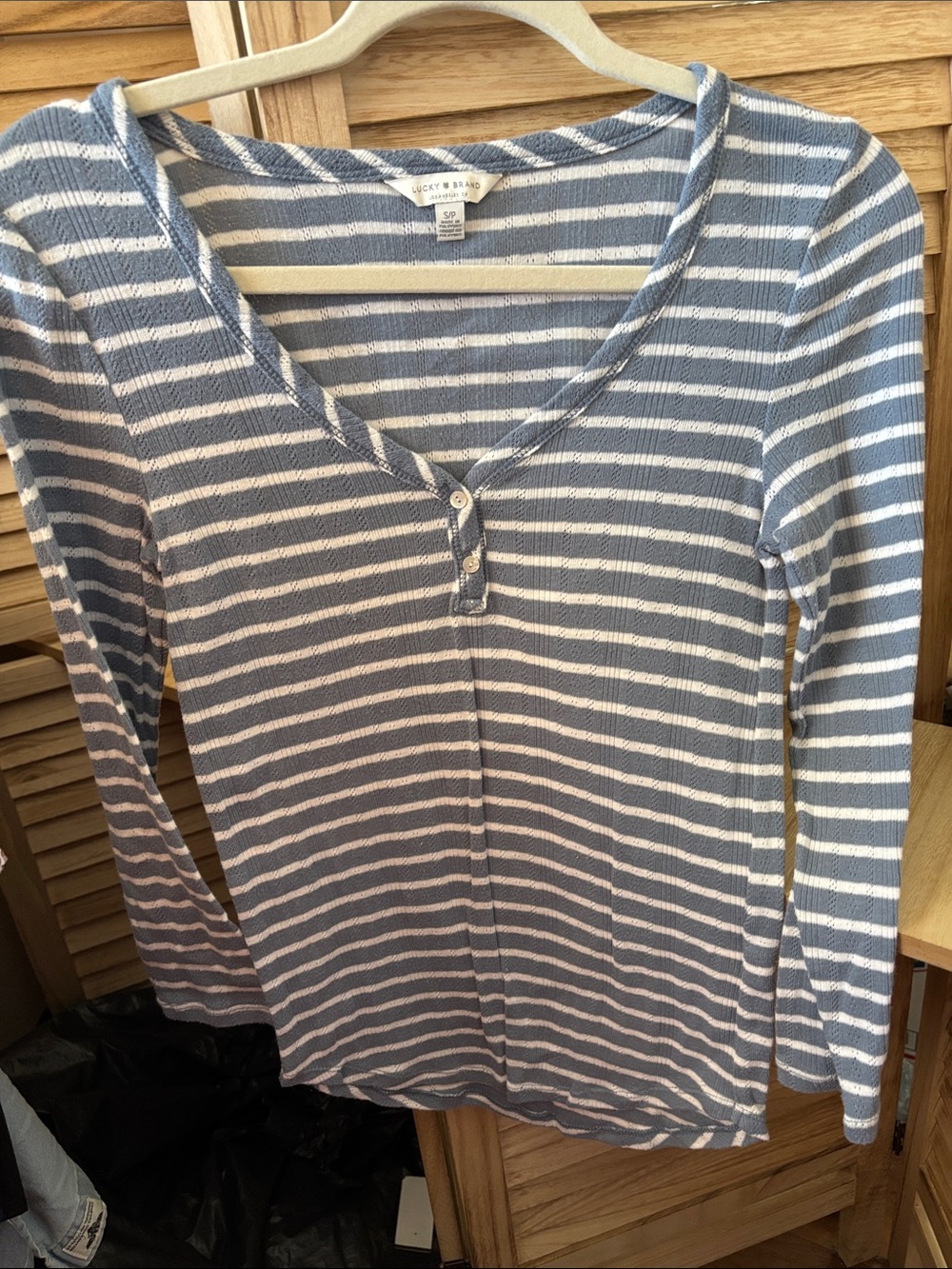 Lucky Brand Smokey Blue and White Striped Henley Top Small